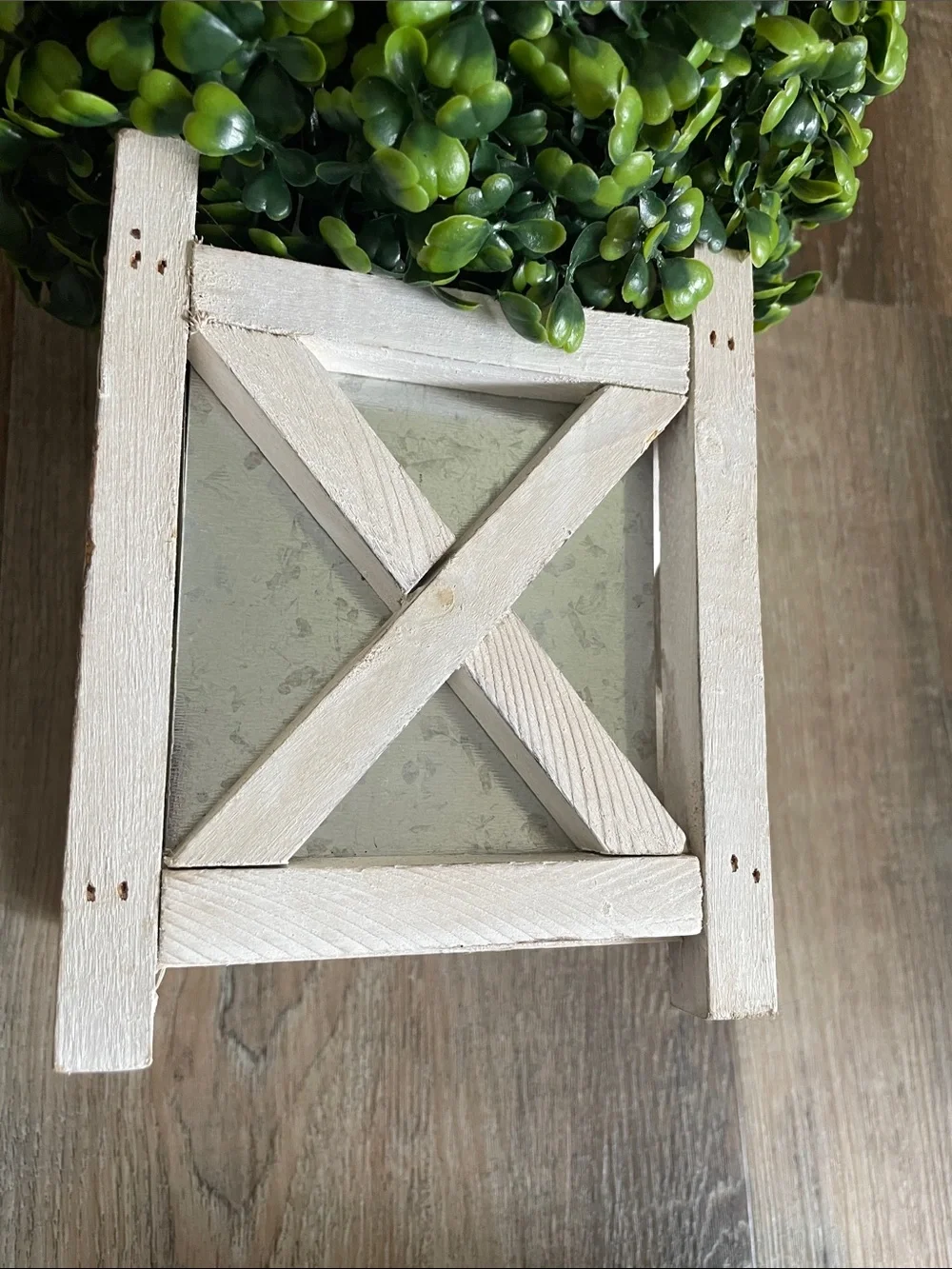 Faux Boxwood 8-9” Topiary in White Rustic Crate - Green